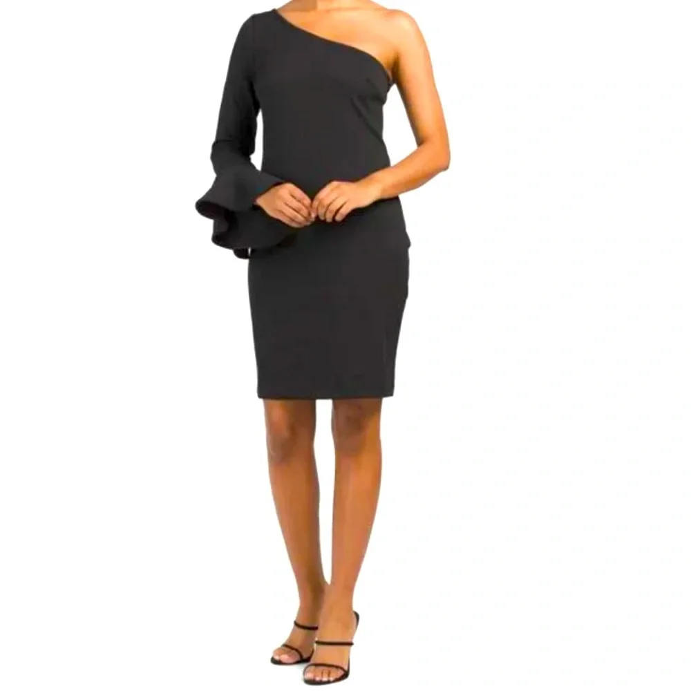 TRINA TURK Women’s Black Kadinsky One Shoulder  Cocktail Mini Dress 10